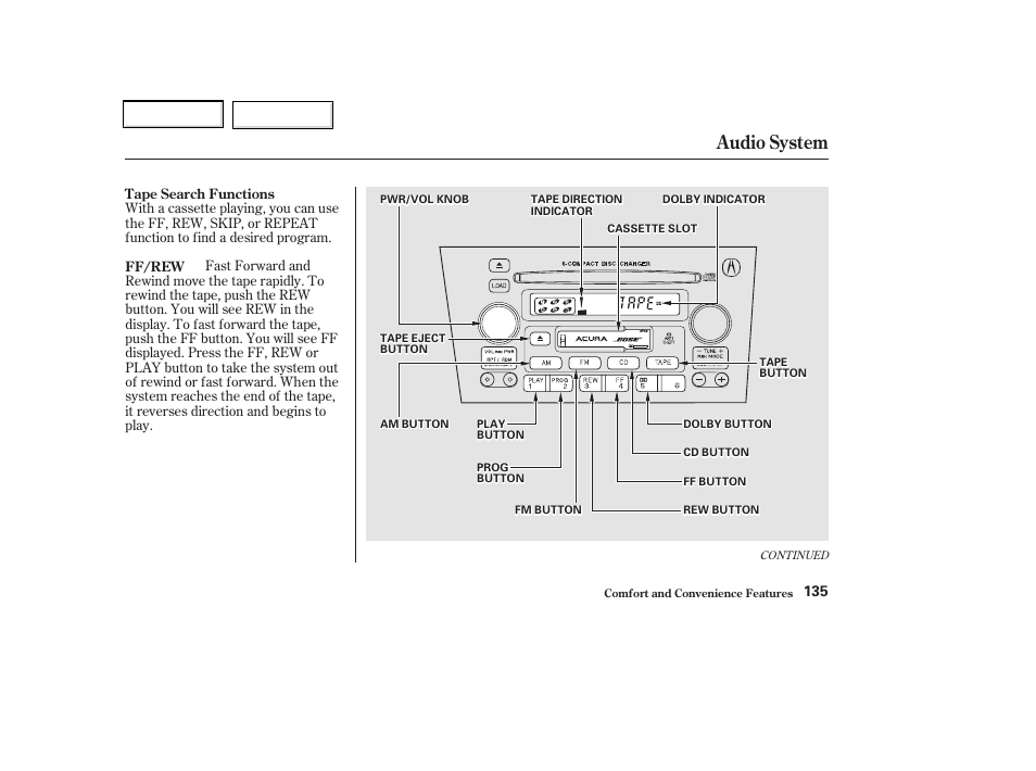 Audio system | Acura 2002 CL - Owner's Manual User Manual | Page 138 / 335