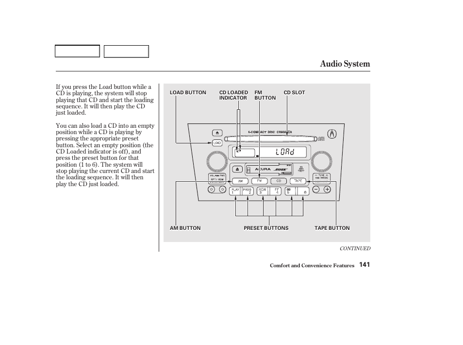 Audio system | Acura 2002 CL - Owner's Manual User Manual | Page 144 / 335