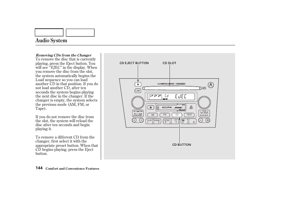 Audio system | Acura 2002 CL - Owner's Manual User Manual | Page 147 / 335