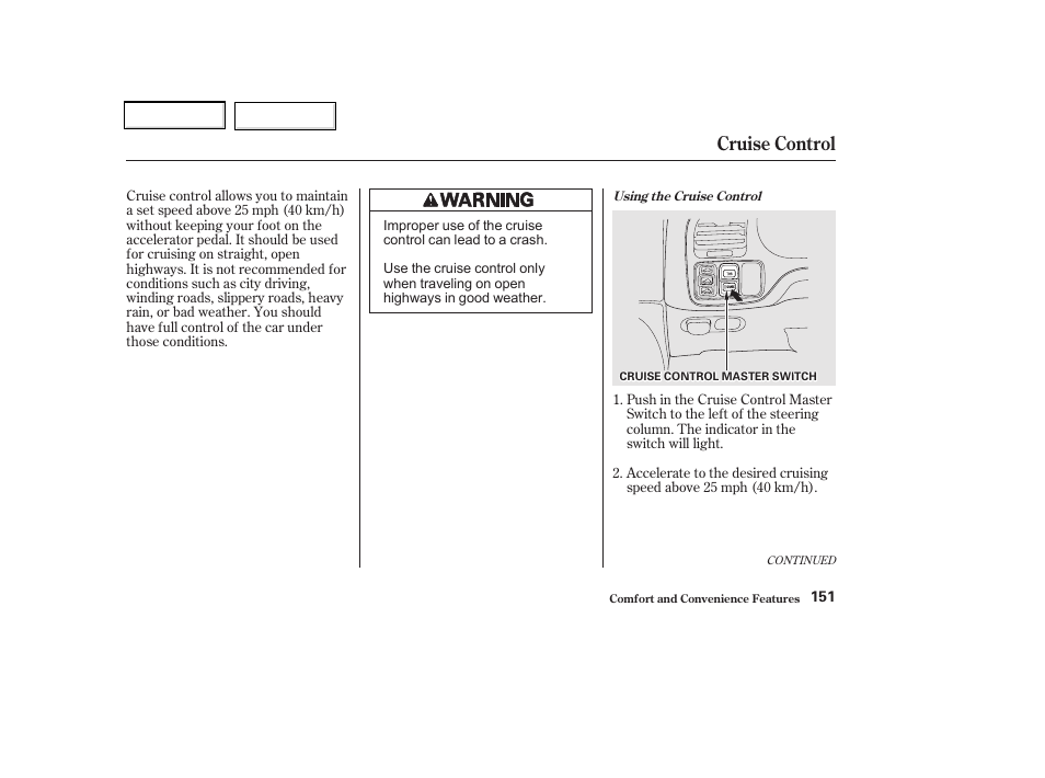 Cruise control | Acura 2002 CL - Owner's Manual User Manual | Page 154 / 335