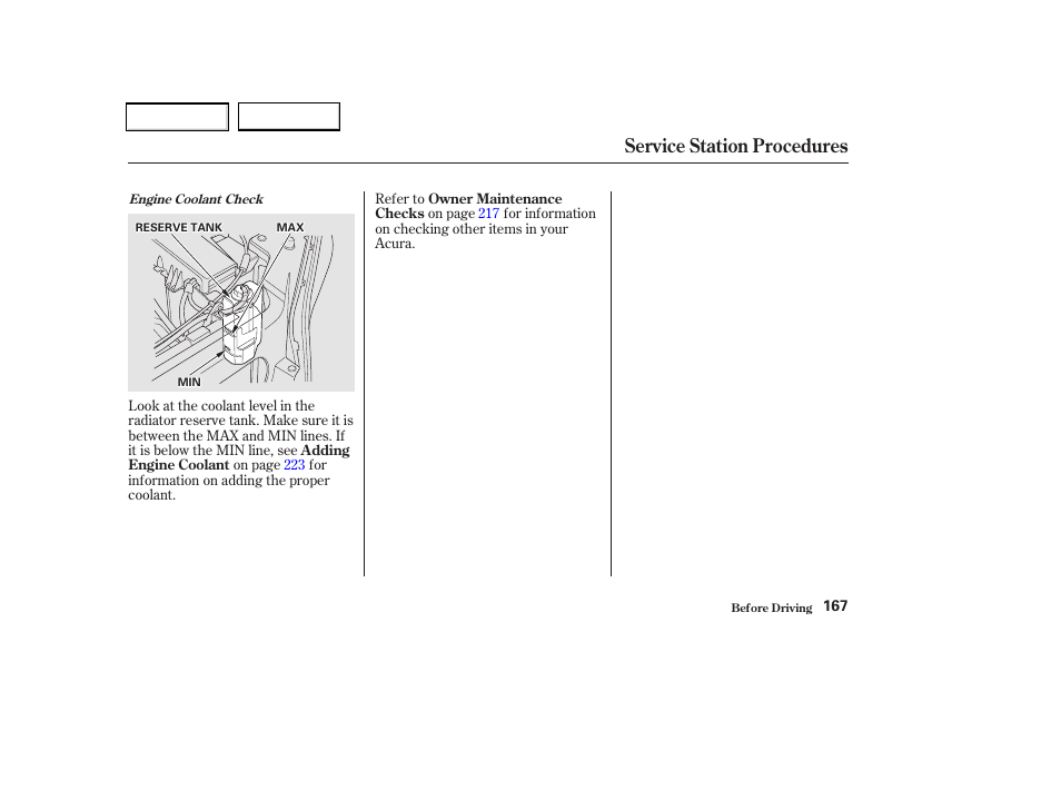 Service station procedures | Acura 2002 CL - Owner's Manual User Manual | Page 170 / 335