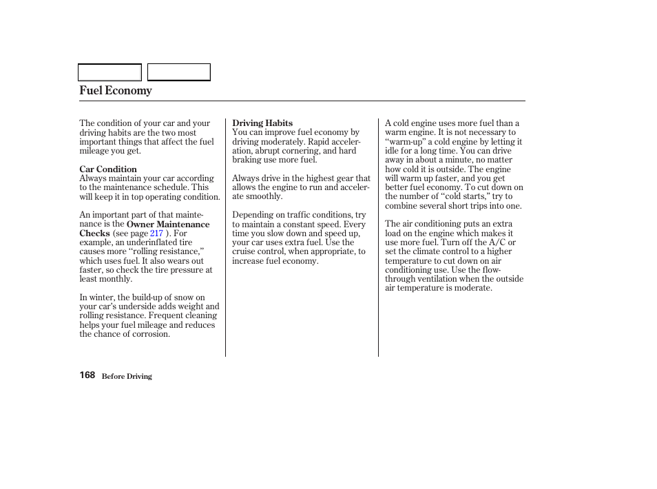 Fuel economy | Acura 2002 CL - Owner's Manual User Manual | Page 171 / 335