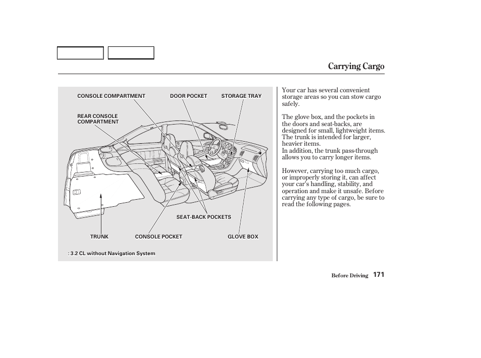 Carrying cargo | Acura 2002 CL - Owner's Manual User Manual | Page 174 / 335