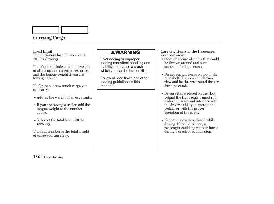 Carrying cargo | Acura 2002 CL - Owner's Manual User Manual | Page 175 / 335