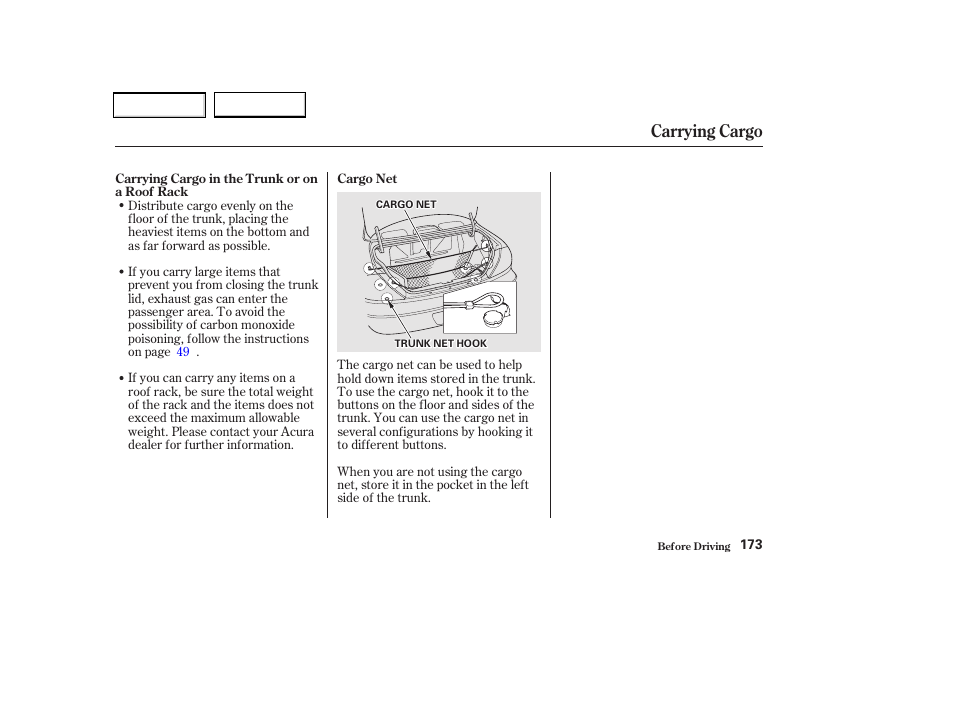 Carrying cargo | Acura 2002 CL - Owner's Manual User Manual | Page 176 / 335