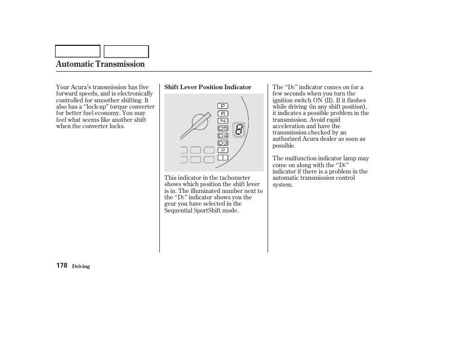 Automatic transmission | Acura 2002 CL - Owner's Manual User Manual | Page 181 / 335