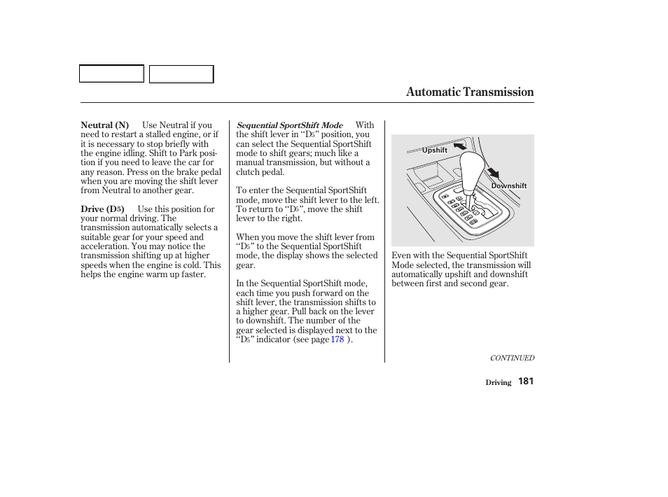 Automatic transmission | Acura 2002 CL - Owner's Manual User Manual | Page 184 / 335