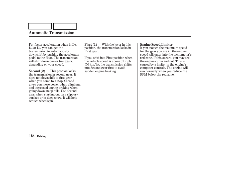 Automatic transmission | Acura 2002 CL - Owner's Manual User Manual | Page 187 / 335