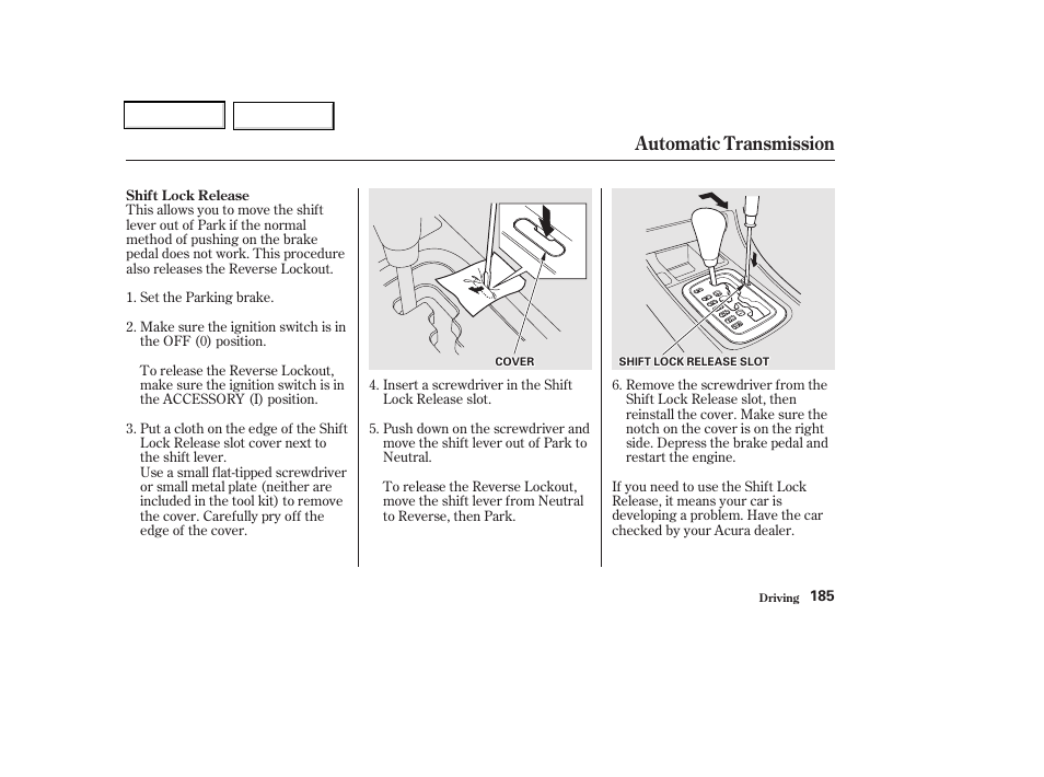 Automatic transmission | Acura 2002 CL - Owner's Manual User Manual | Page 188 / 335