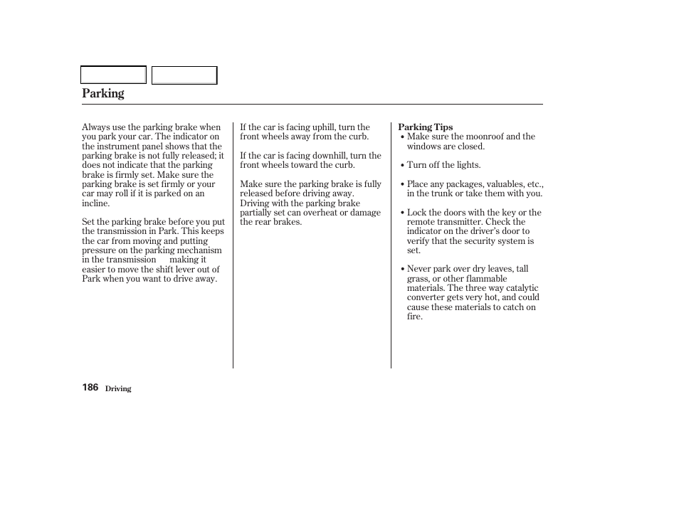 Parking | Acura 2002 CL - Owner's Manual User Manual | Page 189 / 335