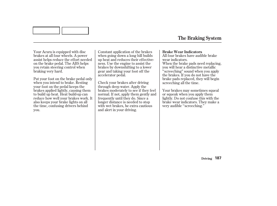 The braking system | Acura 2002 CL - Owner's Manual User Manual | Page 190 / 335