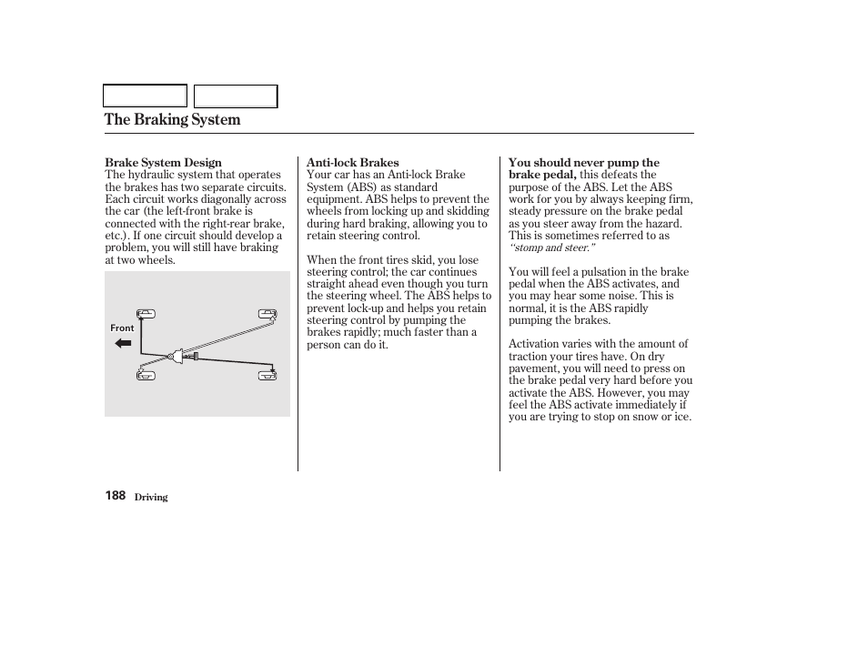 The braking system | Acura 2002 CL - Owner's Manual User Manual | Page 191 / 335