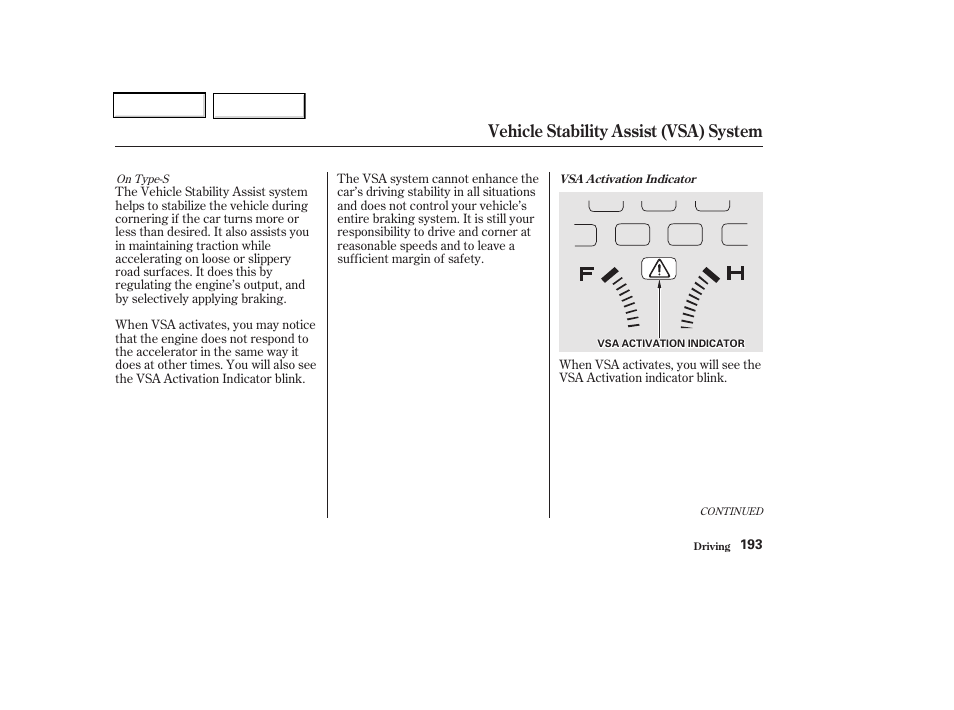 Vehicle stability assist (vsa) system | Acura 2002 CL - Owner's Manual User Manual | Page 196 / 335