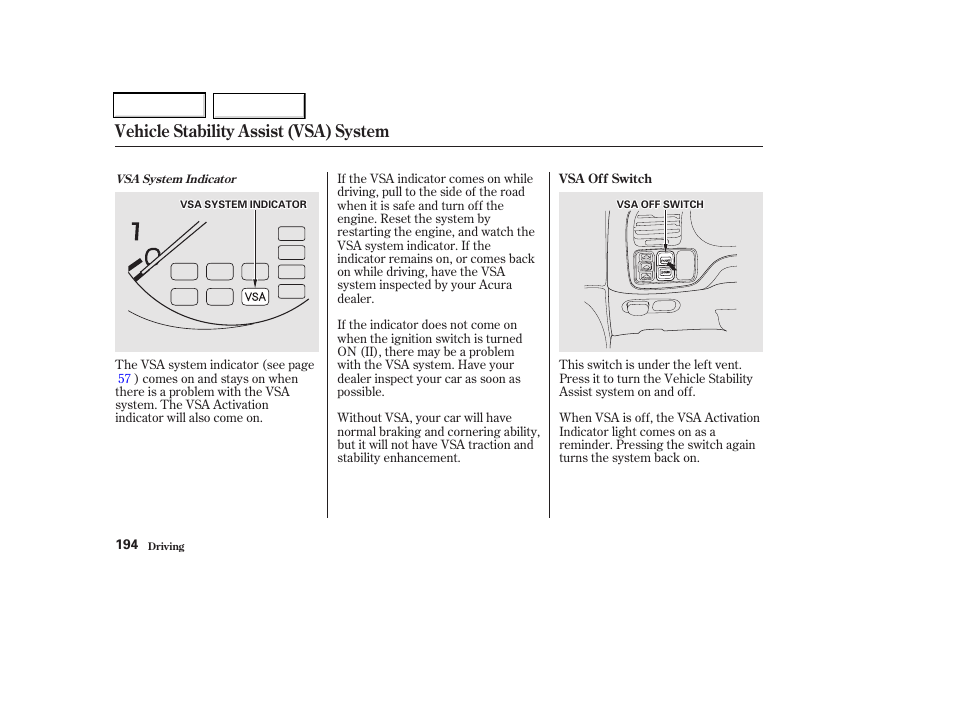 Vehicle stability assist (vsa) system | Acura 2002 CL - Owner's Manual User Manual | Page 197 / 335