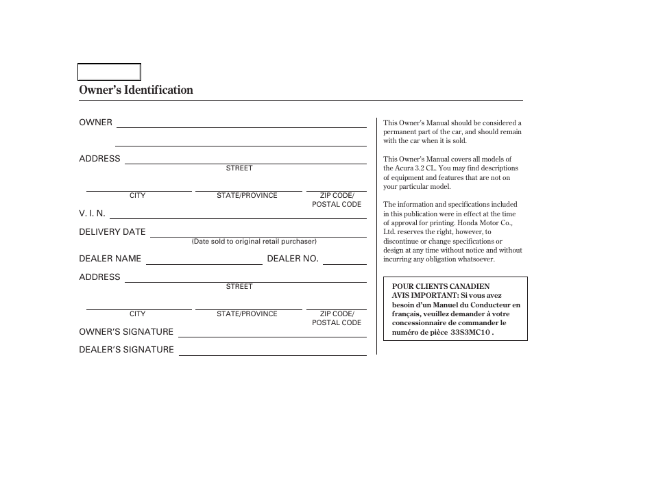 Owner's identification form, Owner’s identification | Acura 2002 CL - Owner's Manual User Manual | Page 2 / 335