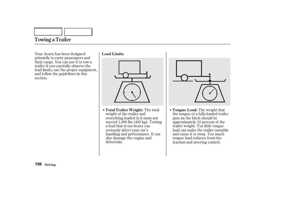 Towing a trailer | Acura 2002 CL - Owner's Manual User Manual | Page 201 / 335