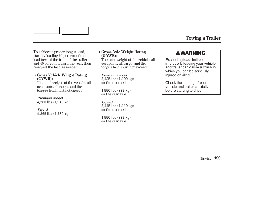 Towing a trailer | Acura 2002 CL - Owner's Manual User Manual | Page 202 / 335