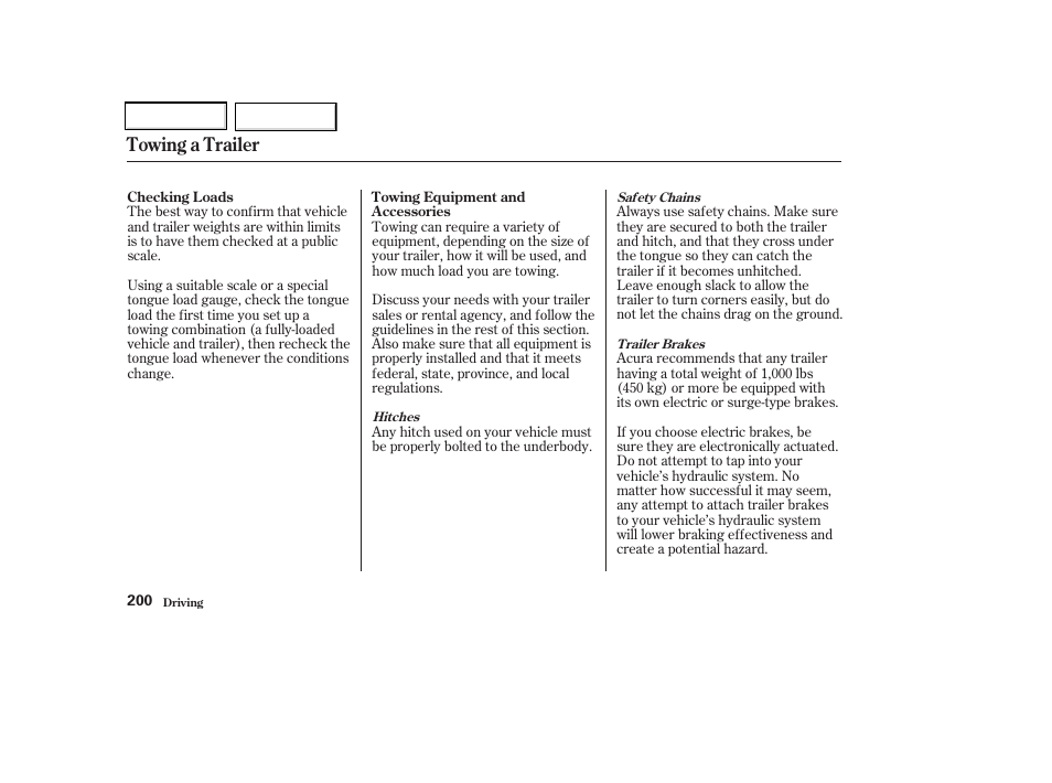 Towing a trailer | Acura 2002 CL - Owner's Manual User Manual | Page 203 / 335