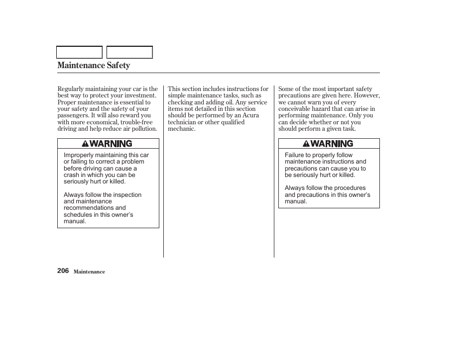 Maintenance safety | Acura 2002 CL - Owner's Manual User Manual | Page 209 / 335