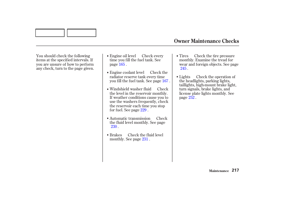 Owner maintenance checks | Acura 2002 CL - Owner's Manual User Manual | Page 220 / 335