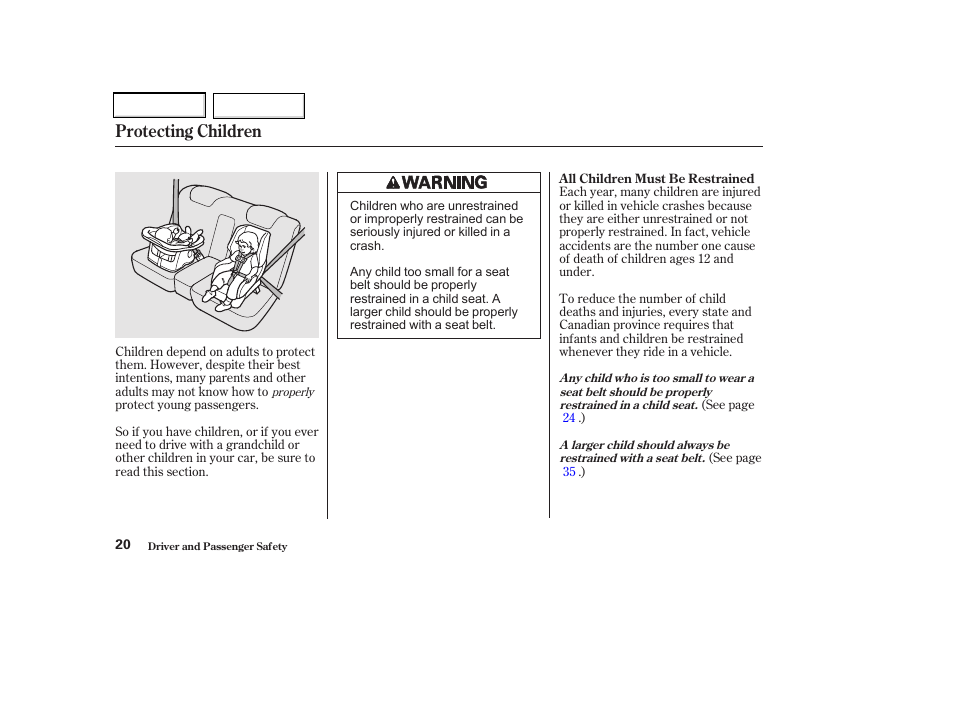 Protecting children | Acura 2002 CL - Owner's Manual User Manual | Page 23 / 335