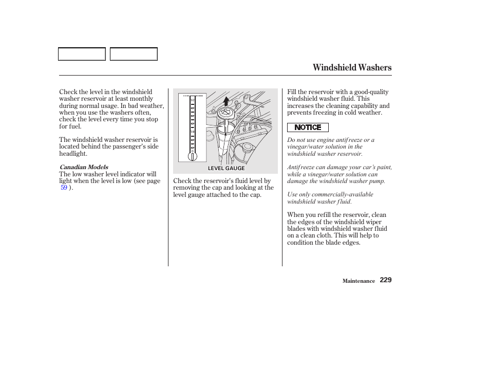 Windshield washers | Acura 2002 CL - Owner's Manual User Manual | Page 232 / 335