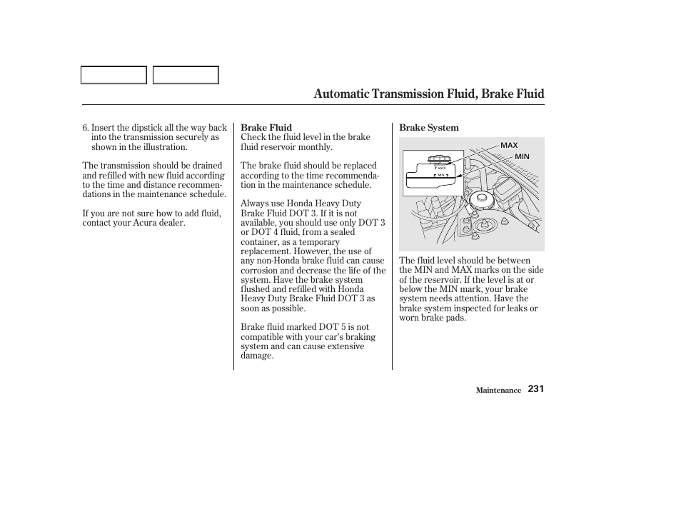 Automatic transmission fluid, brake fluid | Acura 2002 CL - Owner's Manual User Manual | Page 234 / 335