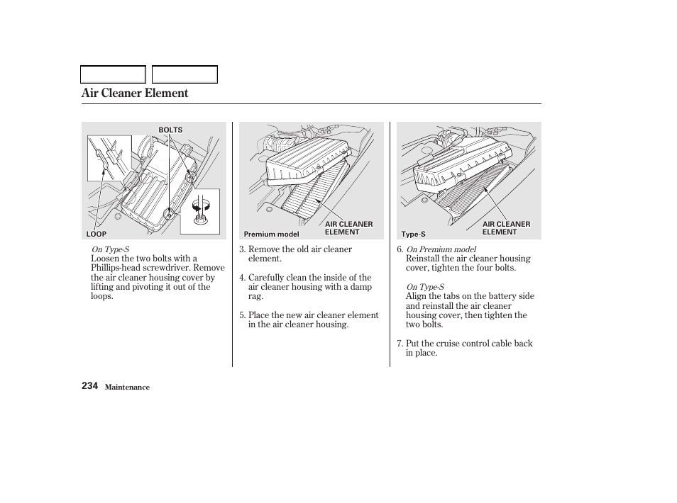 Air cleaner element | Acura 2002 CL - Owner's Manual User Manual | Page 237 / 335