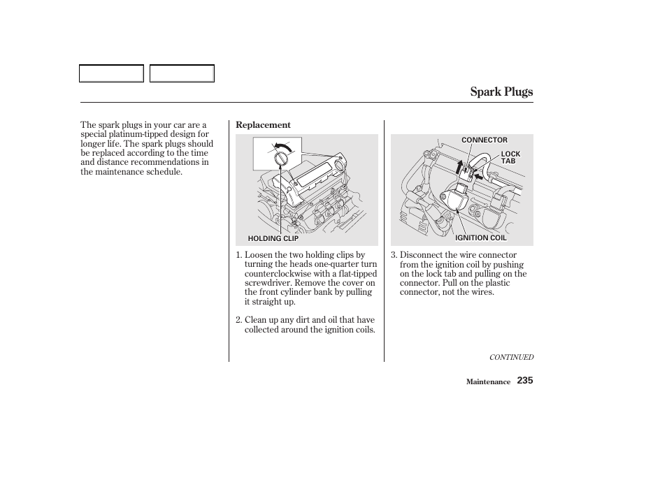 Spark plugs | Acura 2002 CL - Owner's Manual User Manual | Page 238 / 335