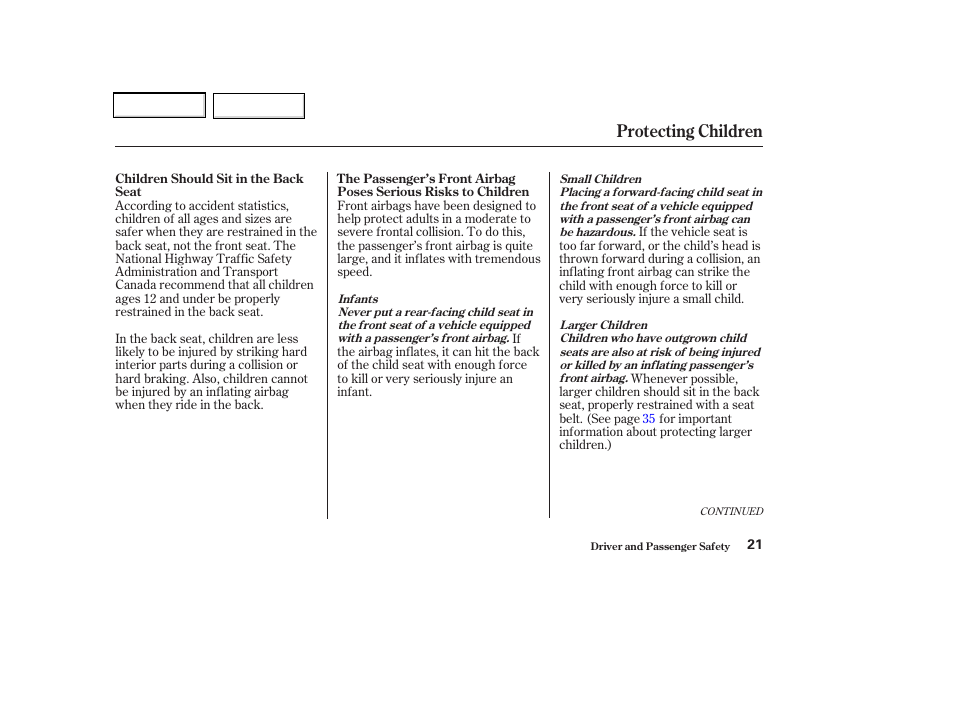 Protecting children | Acura 2002 CL - Owner's Manual User Manual | Page 24 / 335