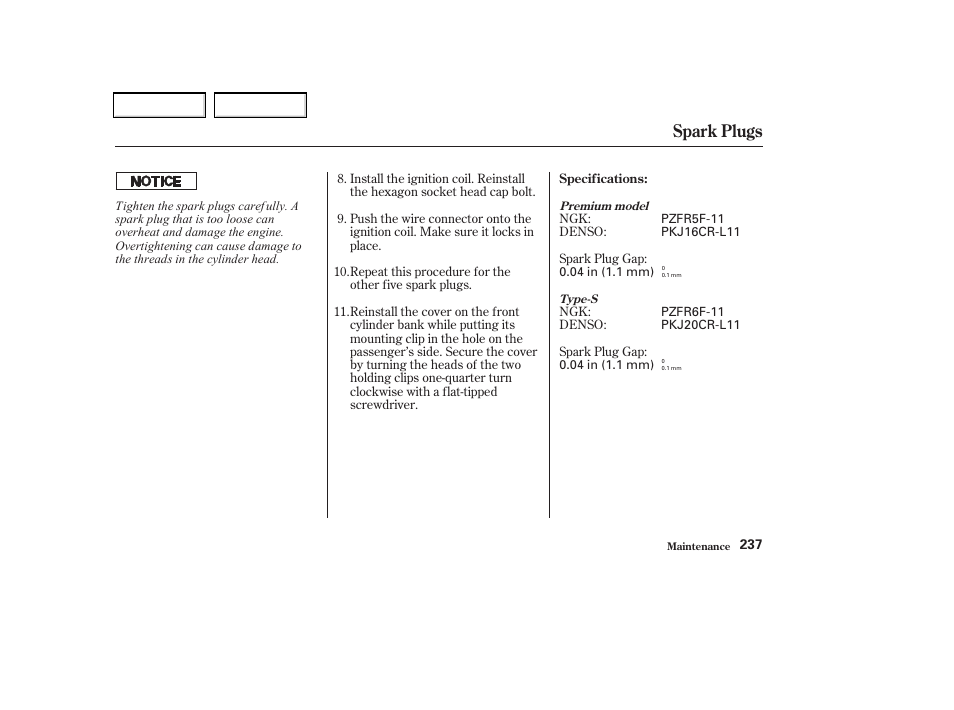 Spark plugs | Acura 2002 CL - Owner's Manual User Manual | Page 240 / 335