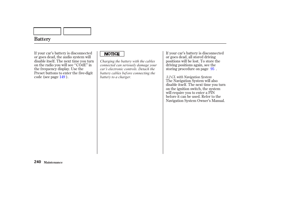 Battery | Acura 2002 CL - Owner's Manual User Manual | Page 243 / 335