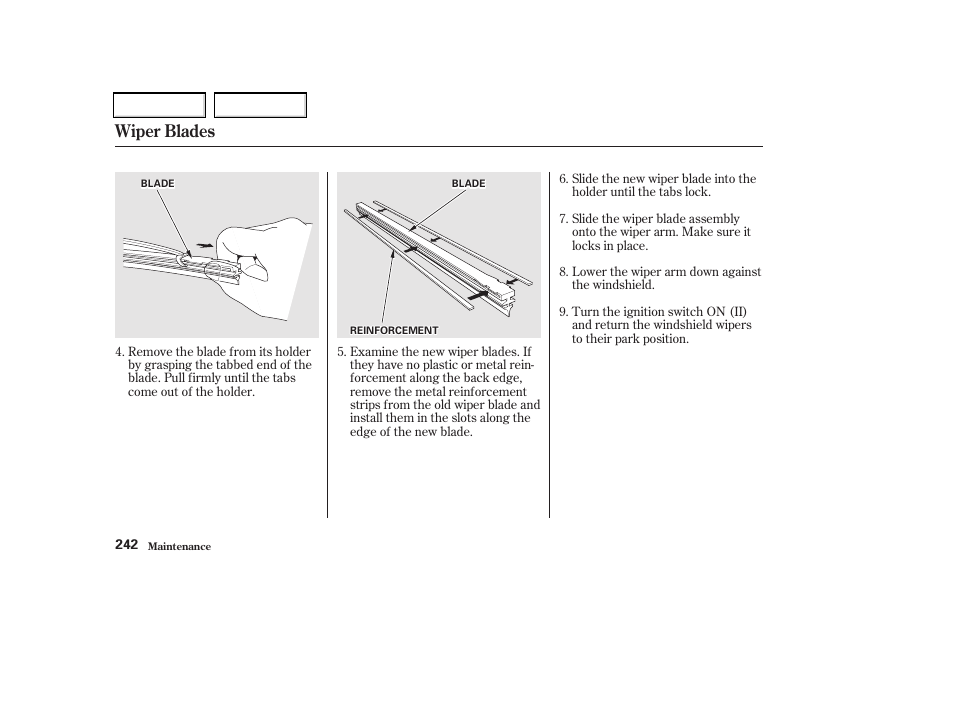 Wiper blades | Acura 2002 CL - Owner's Manual User Manual | Page 245 / 335