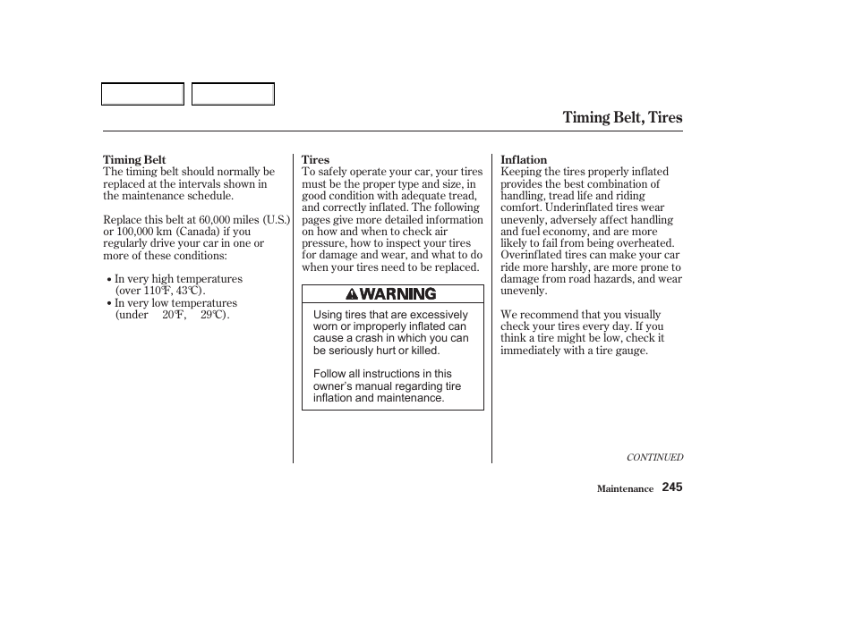 Timing belt, tires | Acura 2002 CL - Owner's Manual User Manual | Page 248 / 335