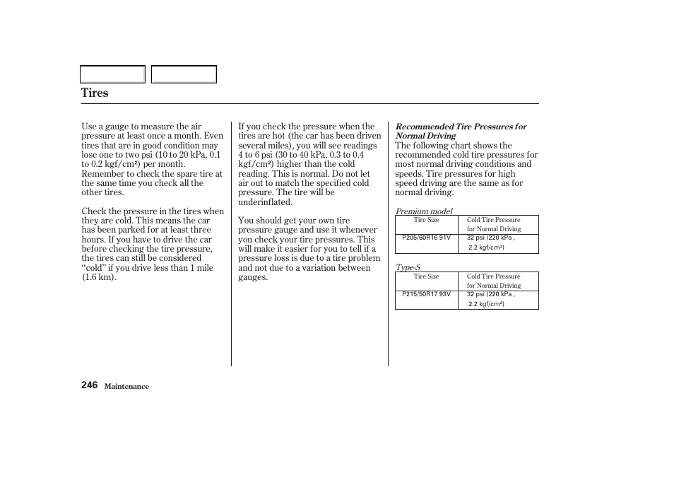 Tires | Acura 2002 CL - Owner's Manual User Manual | Page 249 / 335