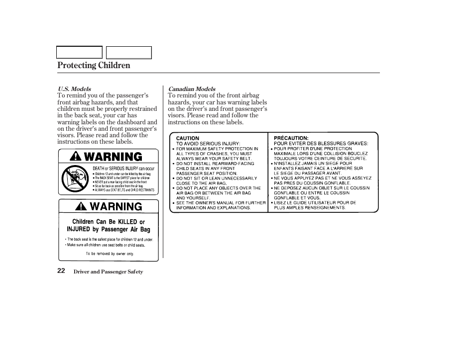 Protecting children | Acura 2002 CL - Owner's Manual User Manual | Page 25 / 335