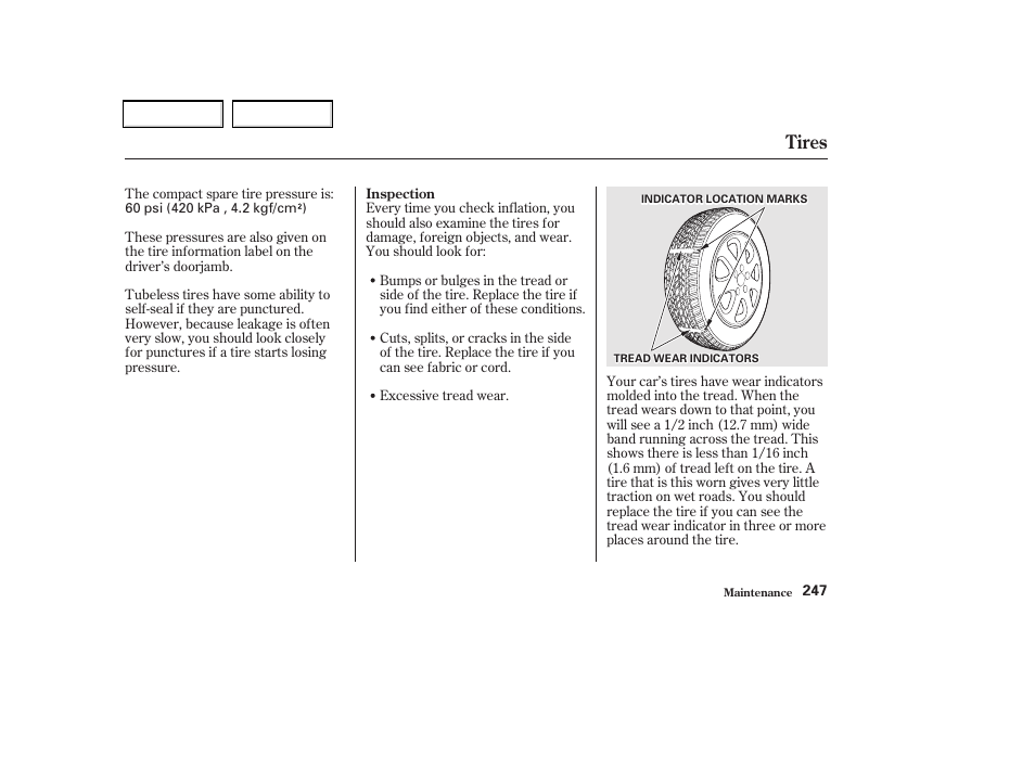 Tires | Acura 2002 CL - Owner's Manual User Manual | Page 250 / 335