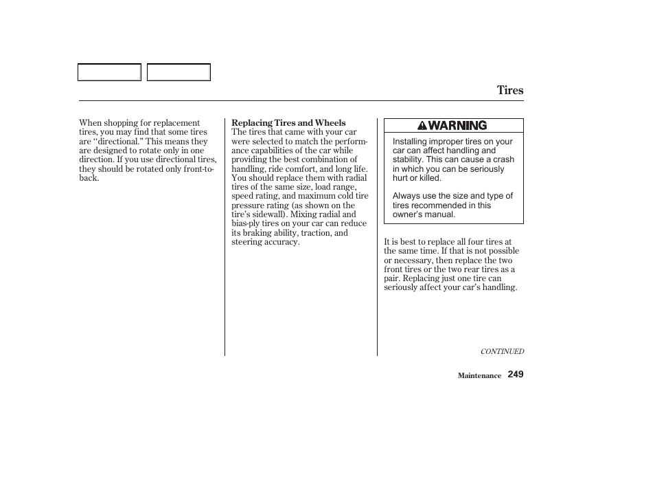 Tires | Acura 2002 CL - Owner's Manual User Manual | Page 252 / 335