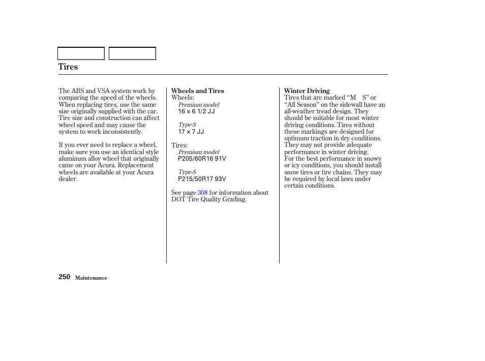 Tires | Acura 2002 CL - Owner's Manual User Manual | Page 253 / 335