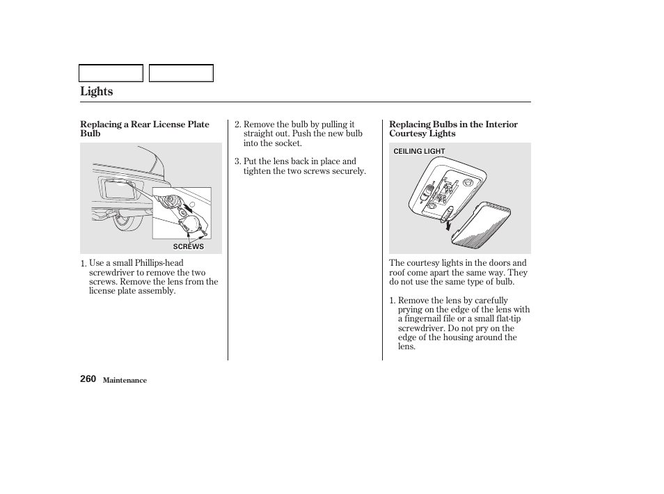 Lights | Acura 2002 CL - Owner's Manual User Manual | Page 263 / 335