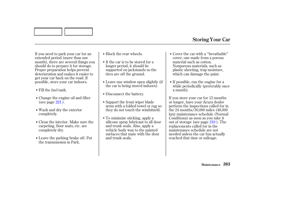 Storing your car | Acura 2002 CL - Owner's Manual User Manual | Page 266 / 335