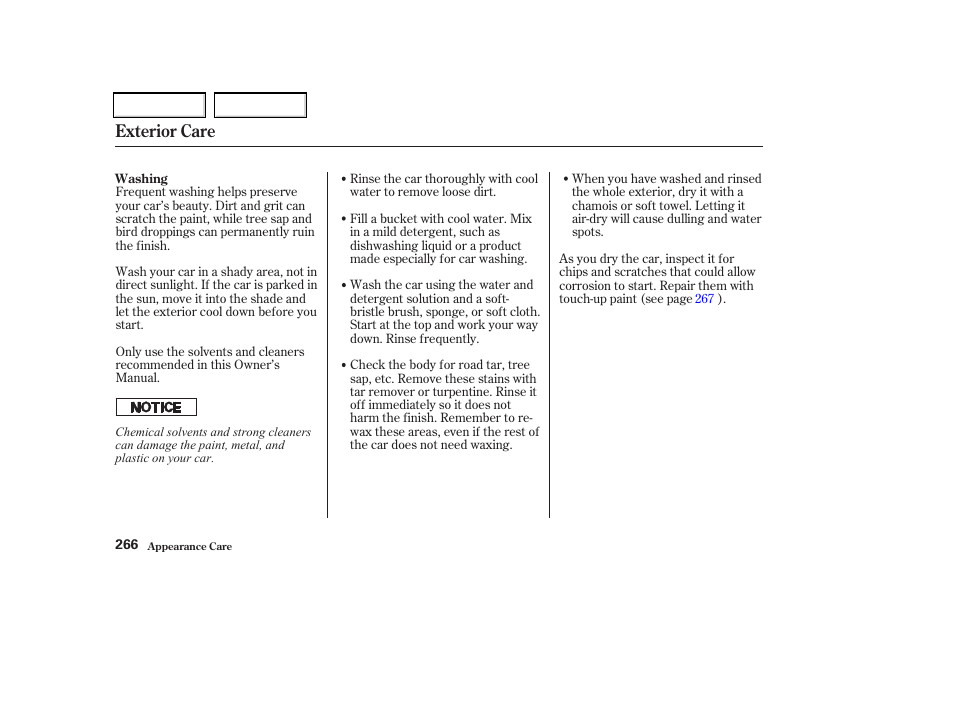 Exterior care | Acura 2002 CL - Owner's Manual User Manual | Page 269 / 335