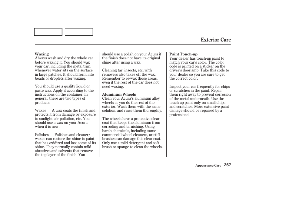 Exterior care | Acura 2002 CL - Owner's Manual User Manual | Page 270 / 335