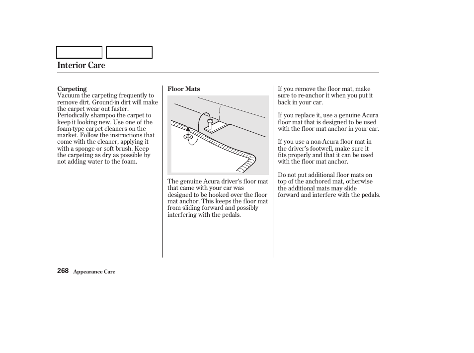 Interior care | Acura 2002 CL - Owner's Manual User Manual | Page 271 / 335