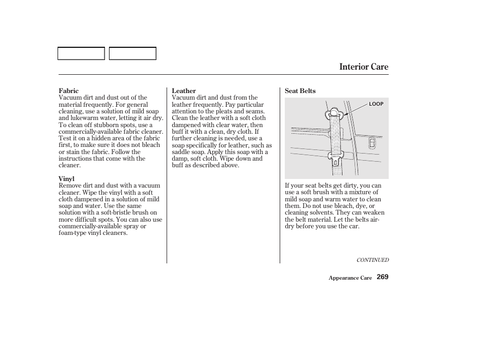 Interior care | Acura 2002 CL - Owner's Manual User Manual | Page 272 / 335