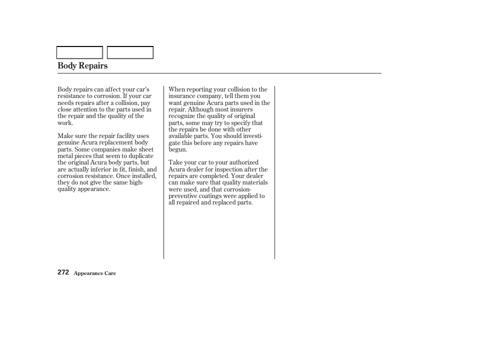 Body repairs | Acura 2002 CL - Owner's Manual User Manual | Page 275 / 335