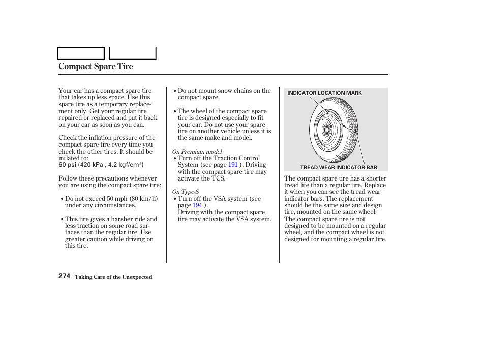 Compact spare tire | Acura 2002 CL - Owner's Manual User Manual | Page 277 / 335