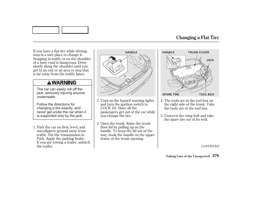 Changing a flat tire | Acura 2002 CL - Owner's Manual User Manual | Page 278 / 335