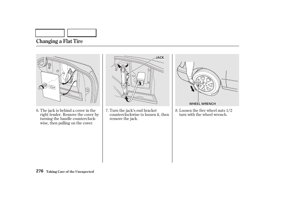 Changing a flat tire | Acura 2002 CL - Owner's Manual User Manual | Page 279 / 335