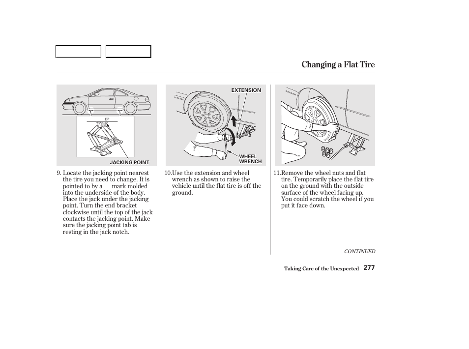 Changing a flat tire | Acura 2002 CL - Owner's Manual User Manual | Page 280 / 335